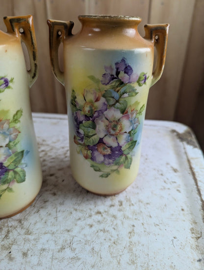 Pair of Vintage 6" Hand-Painted  Double-Handled Czechoslovakian Vases