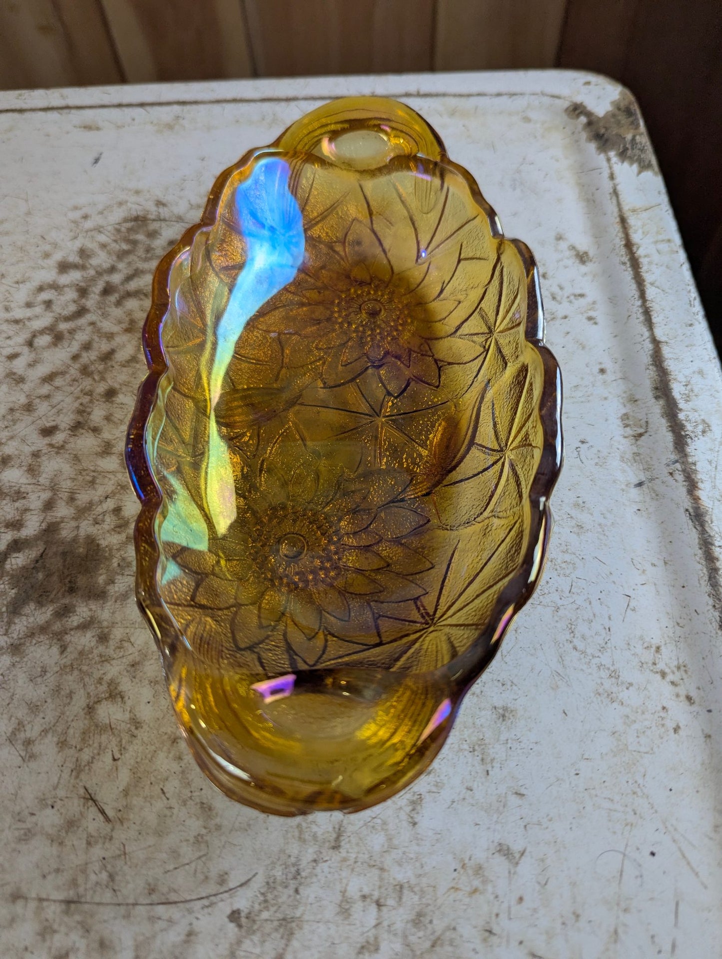 Vintage Indiana Carnival Marigold Amber Glass Oval Sunflower Pattern Relish Dish