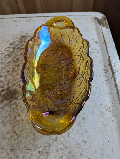 Vintage Indiana Carnival Marigold Amber Glass Oval Sunflower Pattern Relish Dish