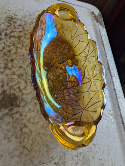 Vintage Indiana Carnival Marigold Amber Glass Oval Sunflower Pattern Relish Dish