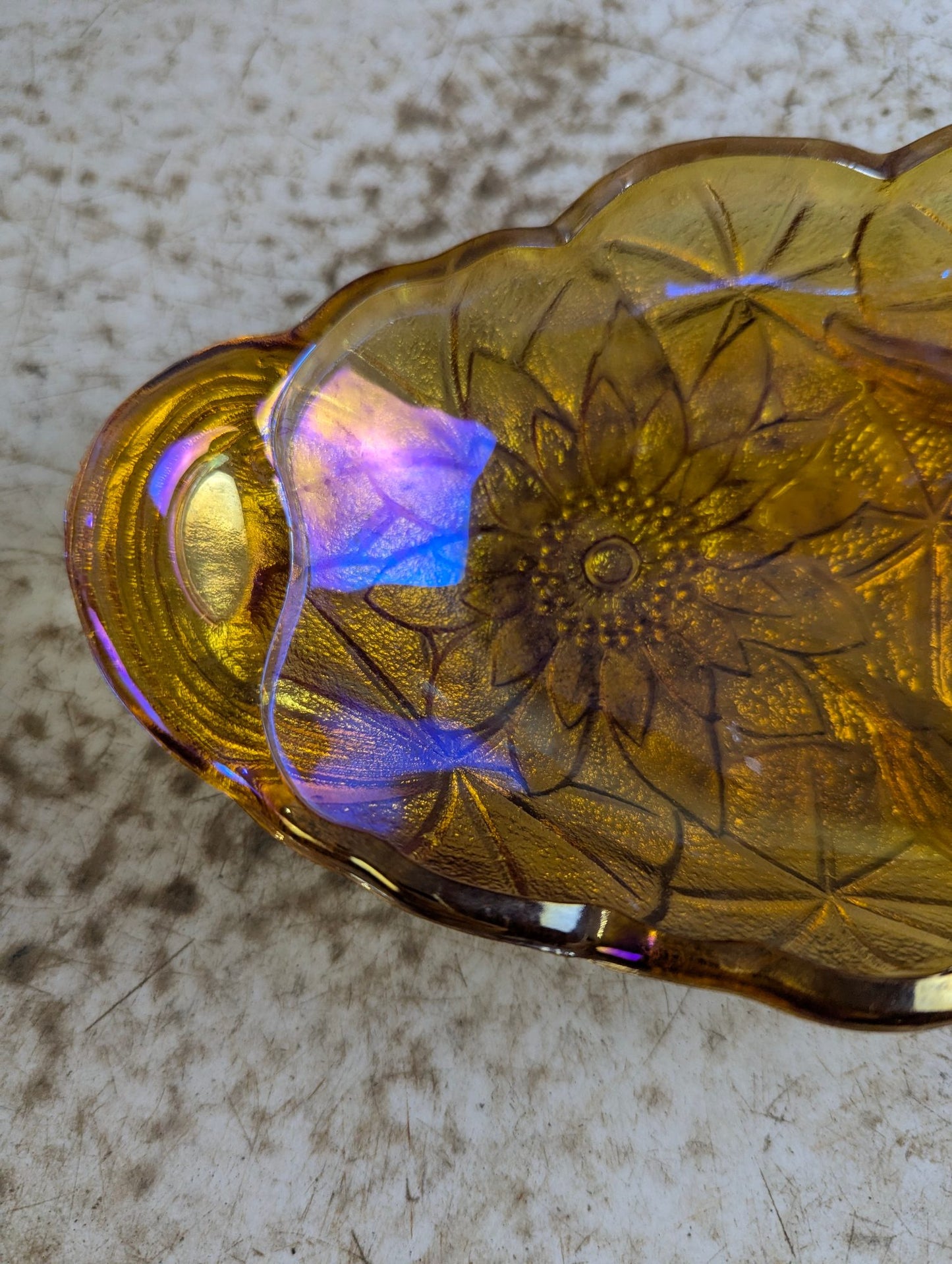 Vintage Indiana Carnival Marigold Amber Glass Oval Sunflower Pattern Relish Dish