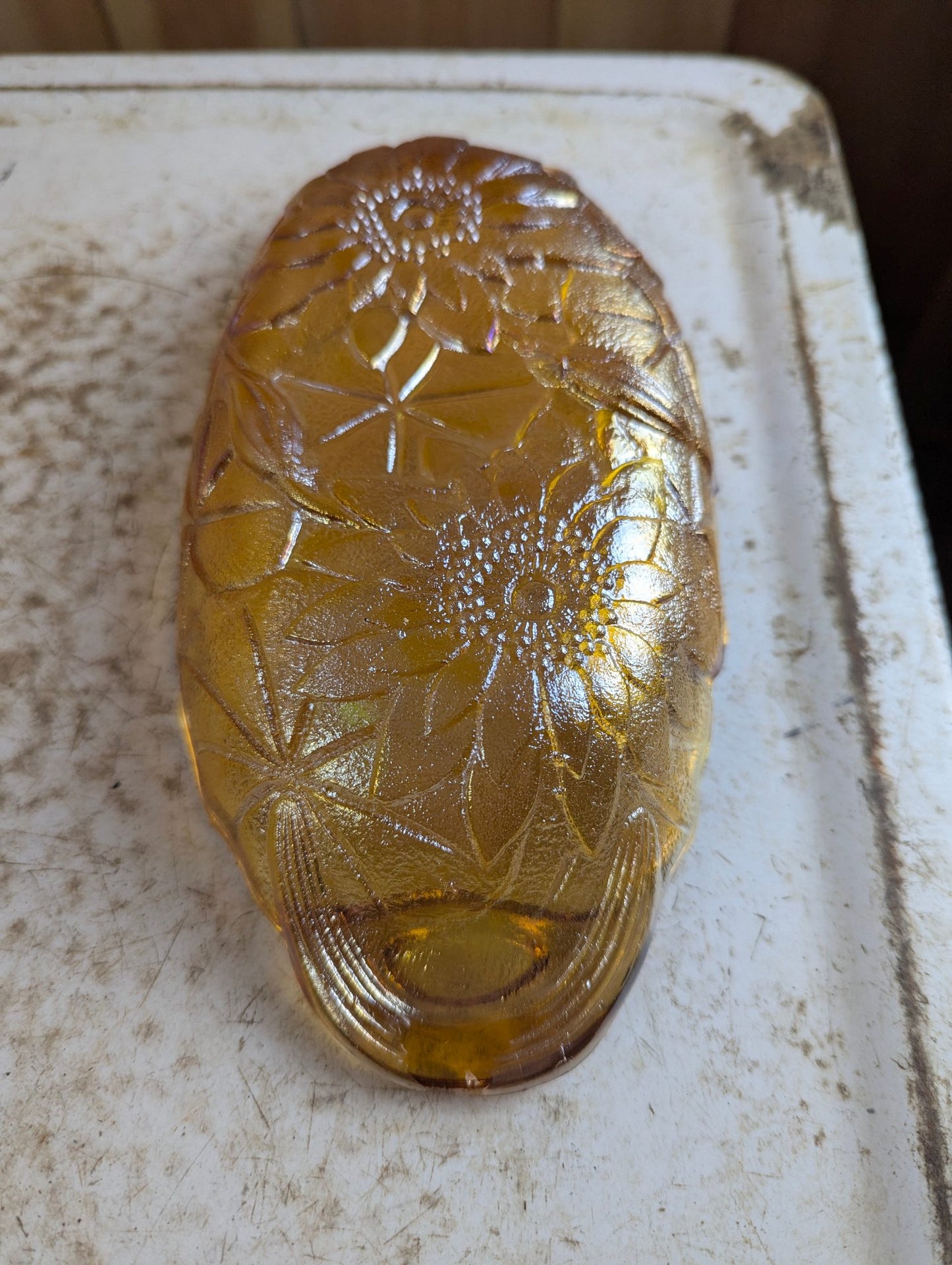 Vintage Indiana Carnival Marigold Amber Glass Oval Sunflower Pattern Relish Dish