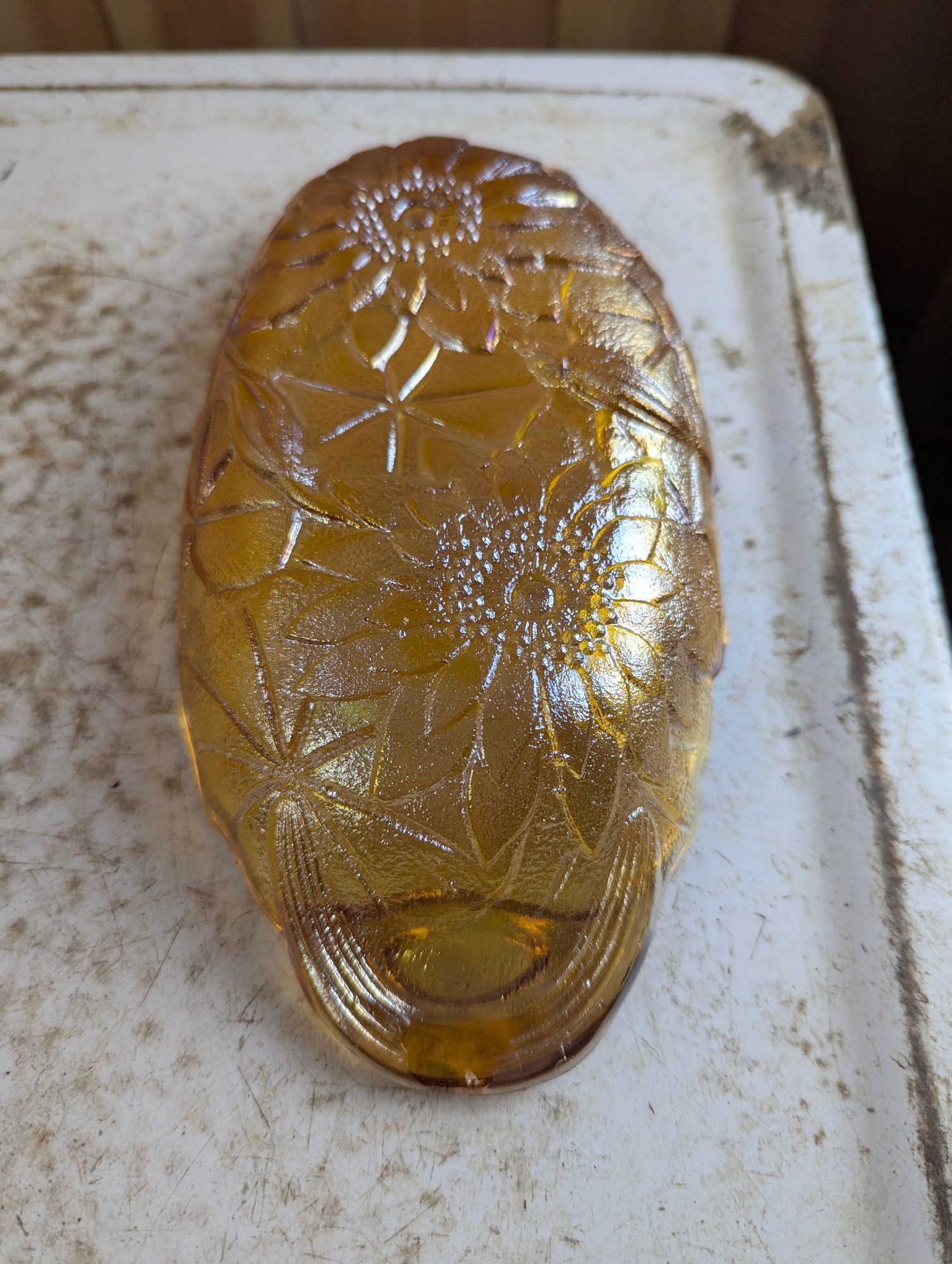 Vintage Indiana Carnival Marigold Amber Glass Oval Sunflower Pattern Relish Dish