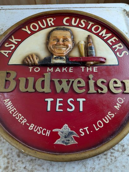 16" Hand-Painted Wood Budweiser "Ask Your Customers to Make the Busweiser Test" Beer Advertising Sign
