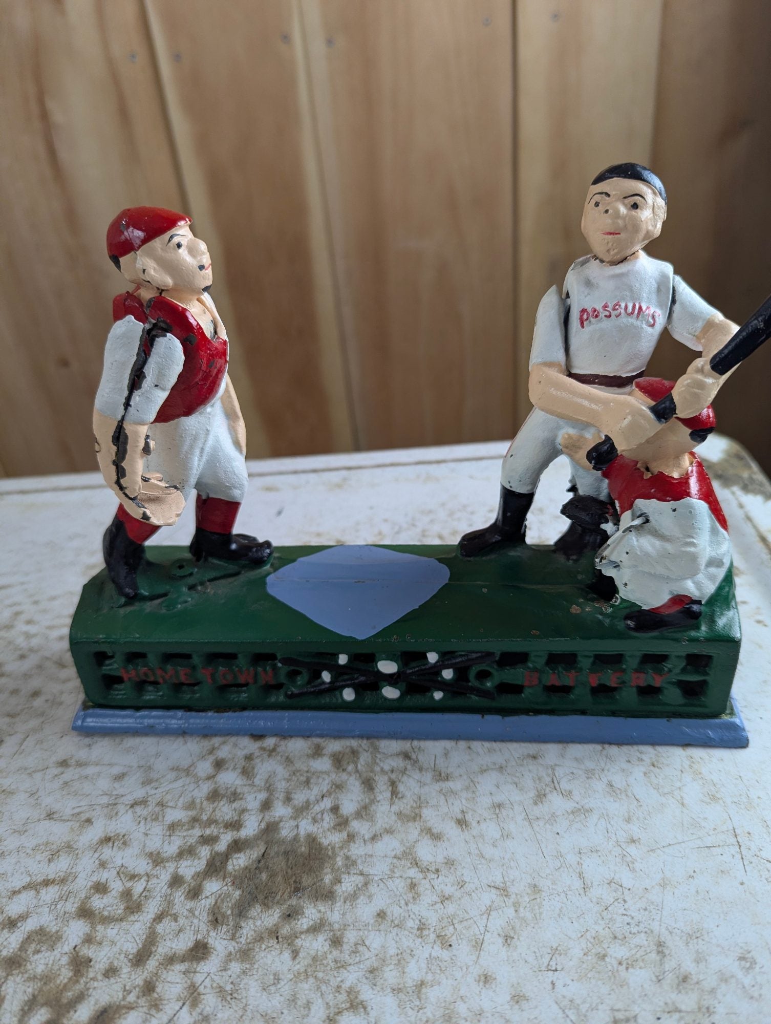 Vintage Style "Home Town Battery" Cast Iron Mechanical Baseball Coin Bank