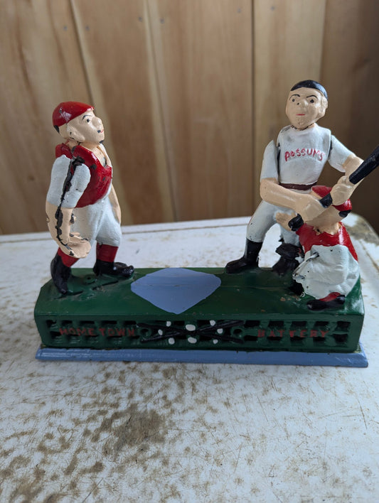 Vintage Style "Home Town Battery" Cast Iron Mechanical Baseball Coin Bank