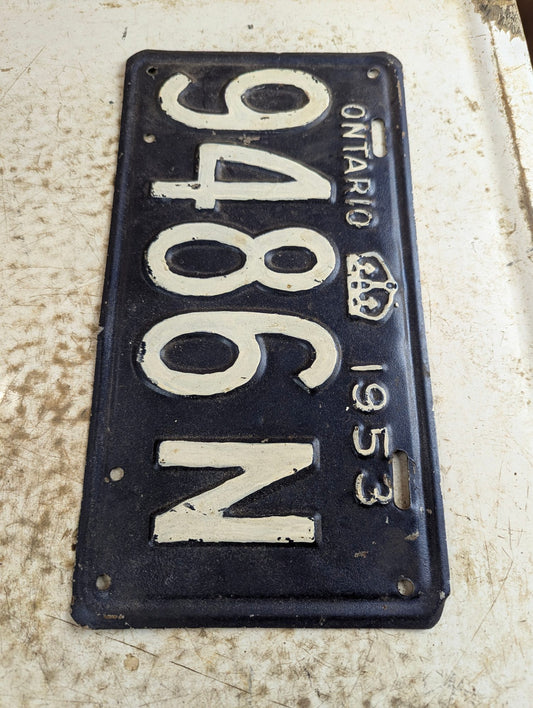 1953 Ontario Passenger Vehicle License Plate - Repainted '9486N'