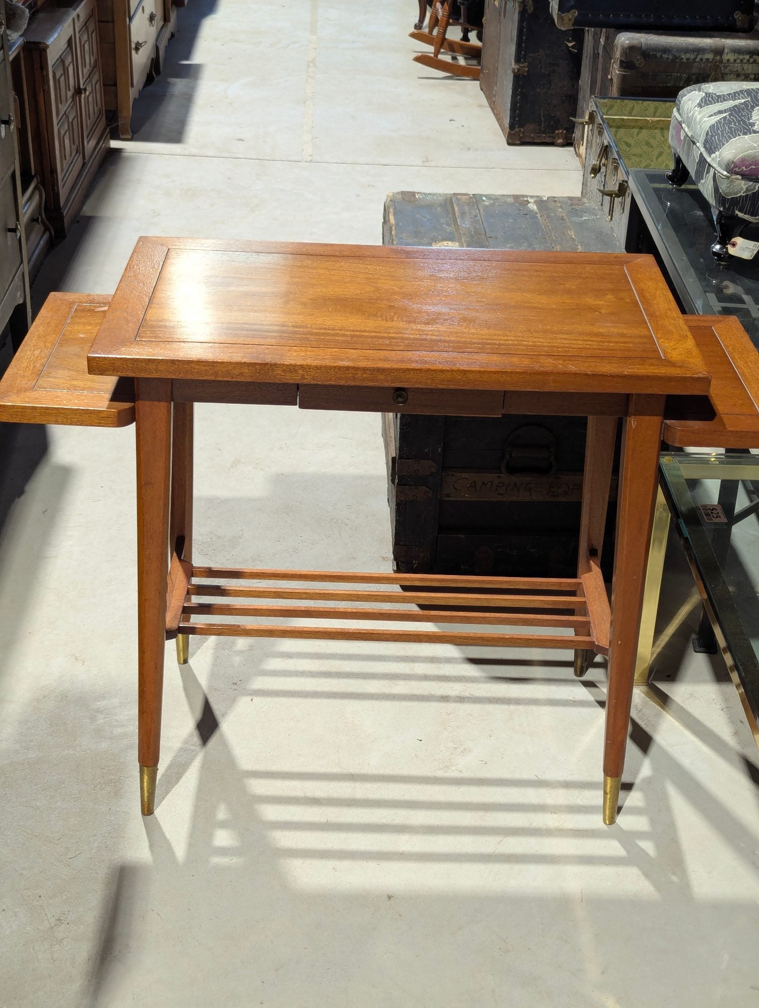 Mid-Century Modern Side Hall Table with Brass Sabots