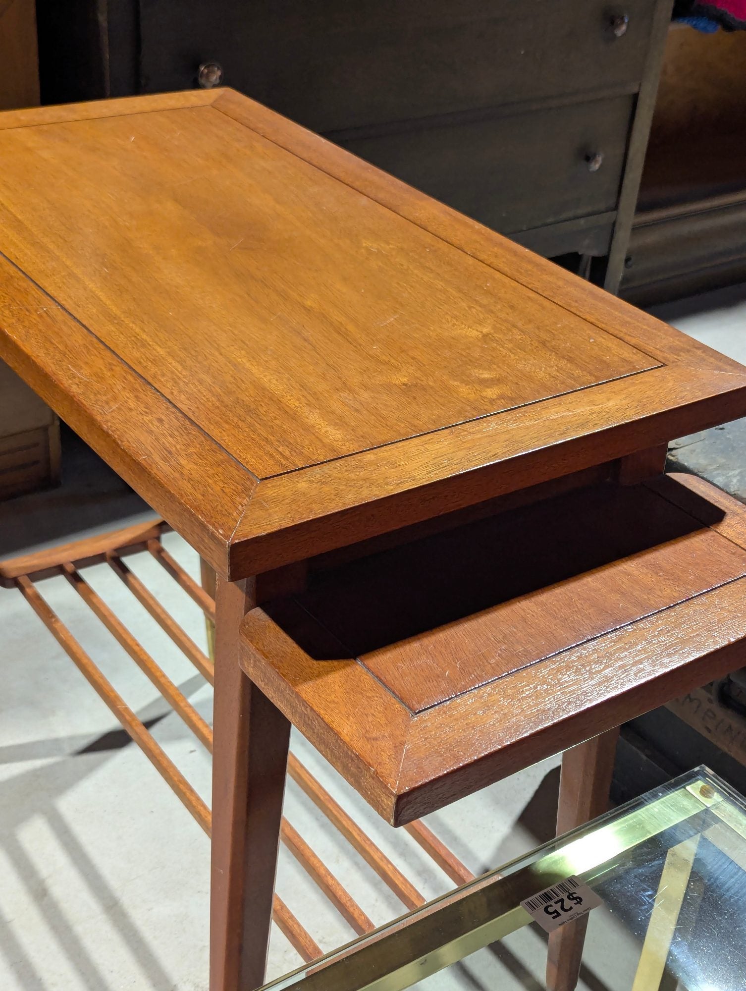 Mid-Century Modern Side Hall Table with Brass Sabots