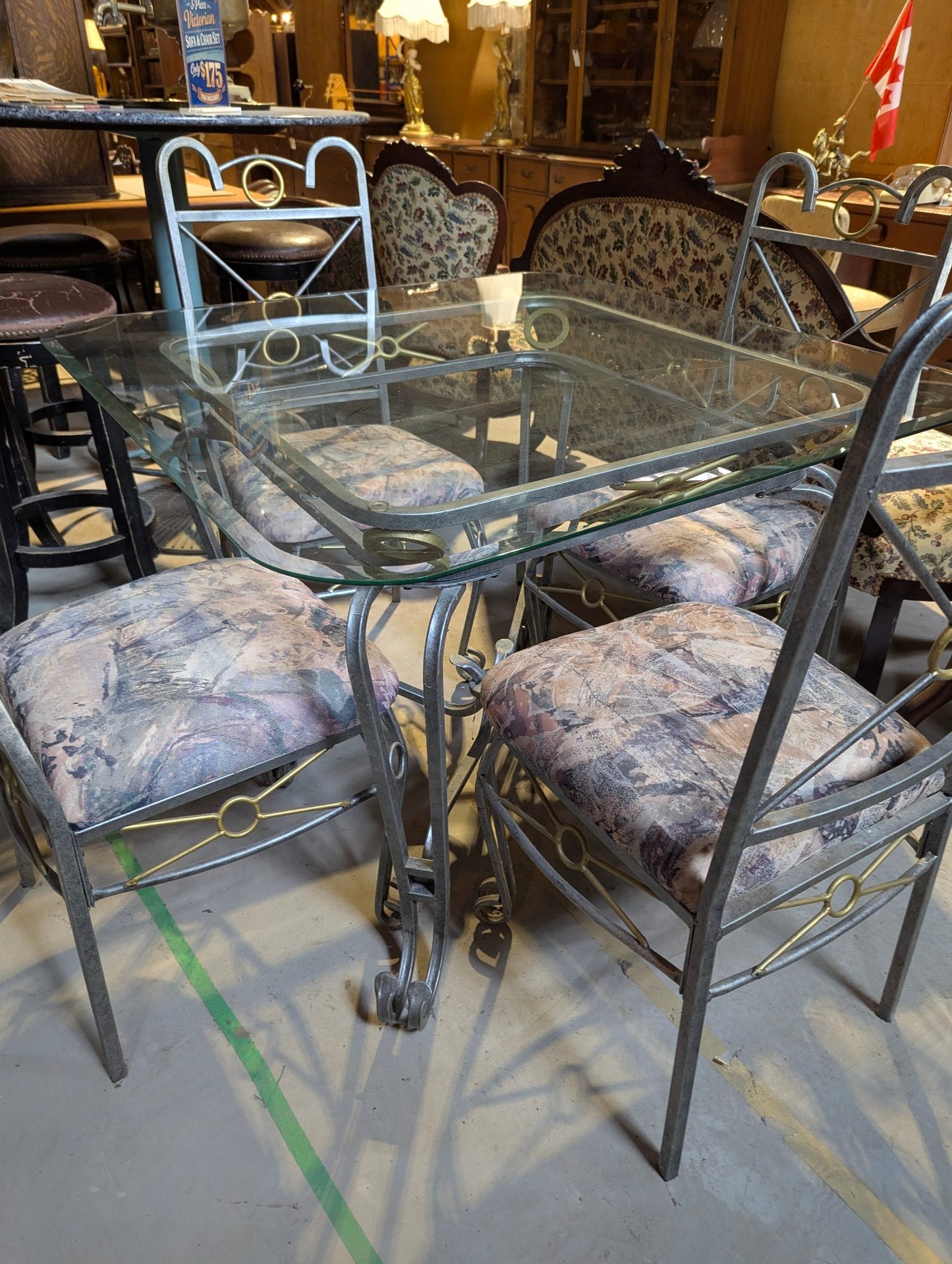 Glass Topped Metal 41" Square Table with 4 Chairs