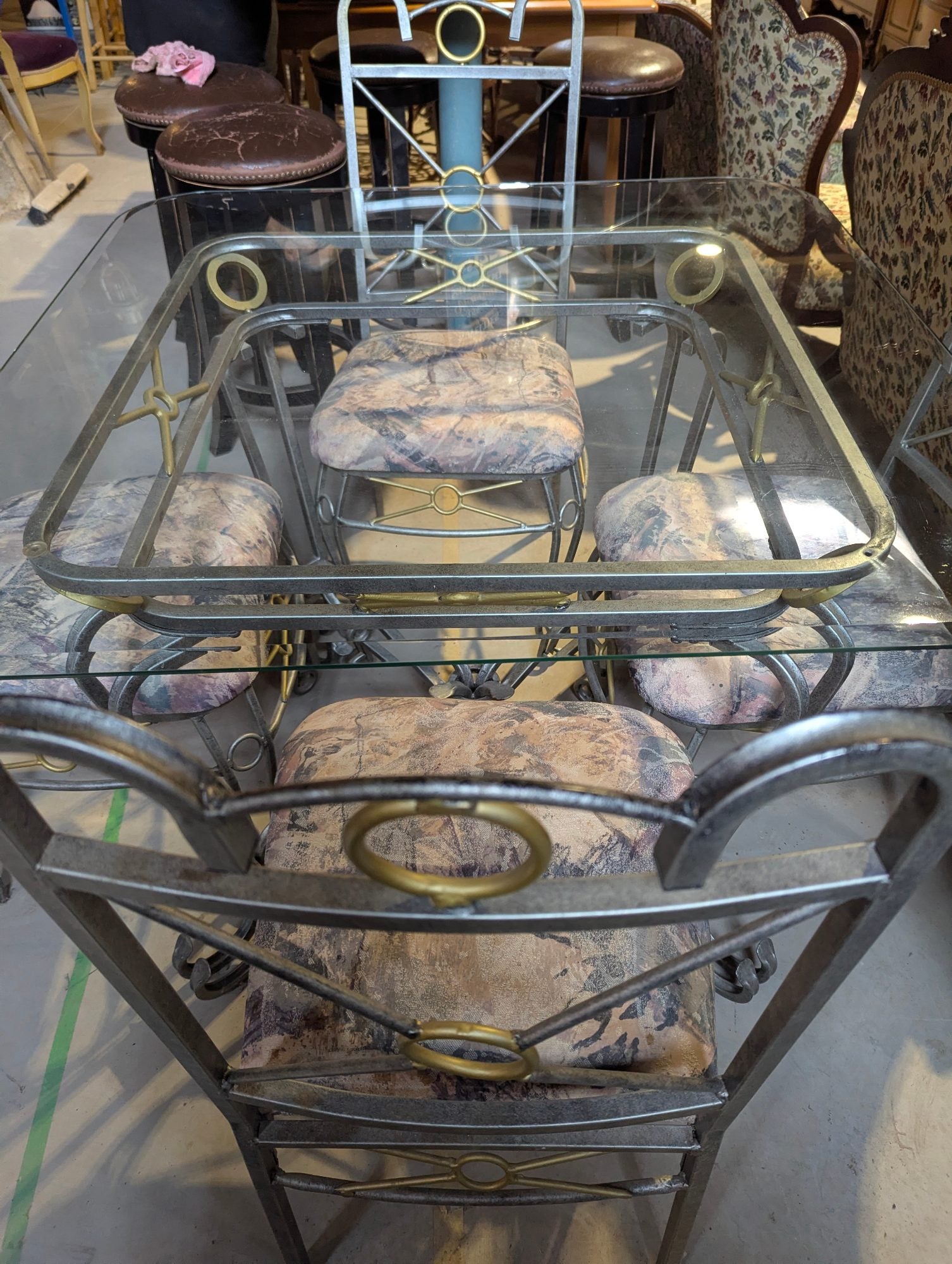 Glass Topped Metal 41" Square Table with 4 Chairs