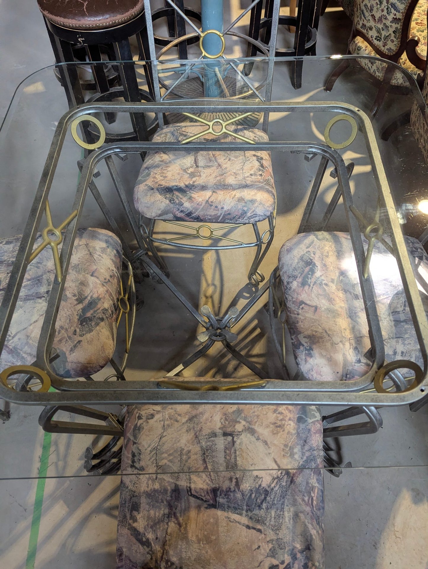 Glass Topped Metal 41" Square Table with 4 Chairs