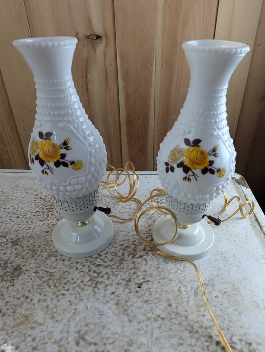 Pair of Vintage White Milk Glass Hobnail Table Lamps Yellow Floral Pattern