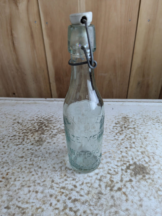 Antique Alexander Prize Medal Waters Montrose Aqua Glass Bottle with Ceramic Stopper