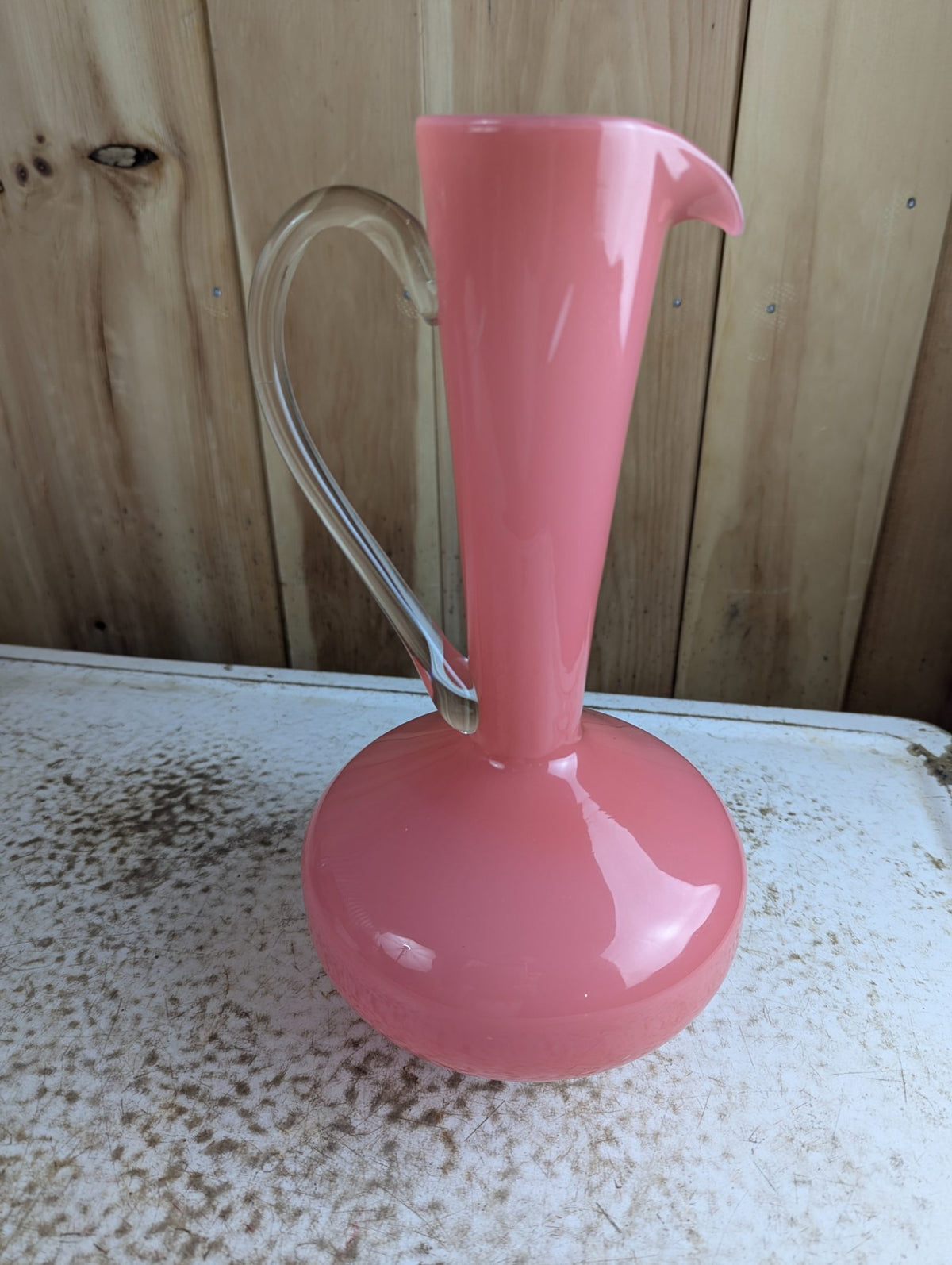 Vintage 12.5" Hand-Blown Pink Cased Art Glass Ewer Pitcher Vase