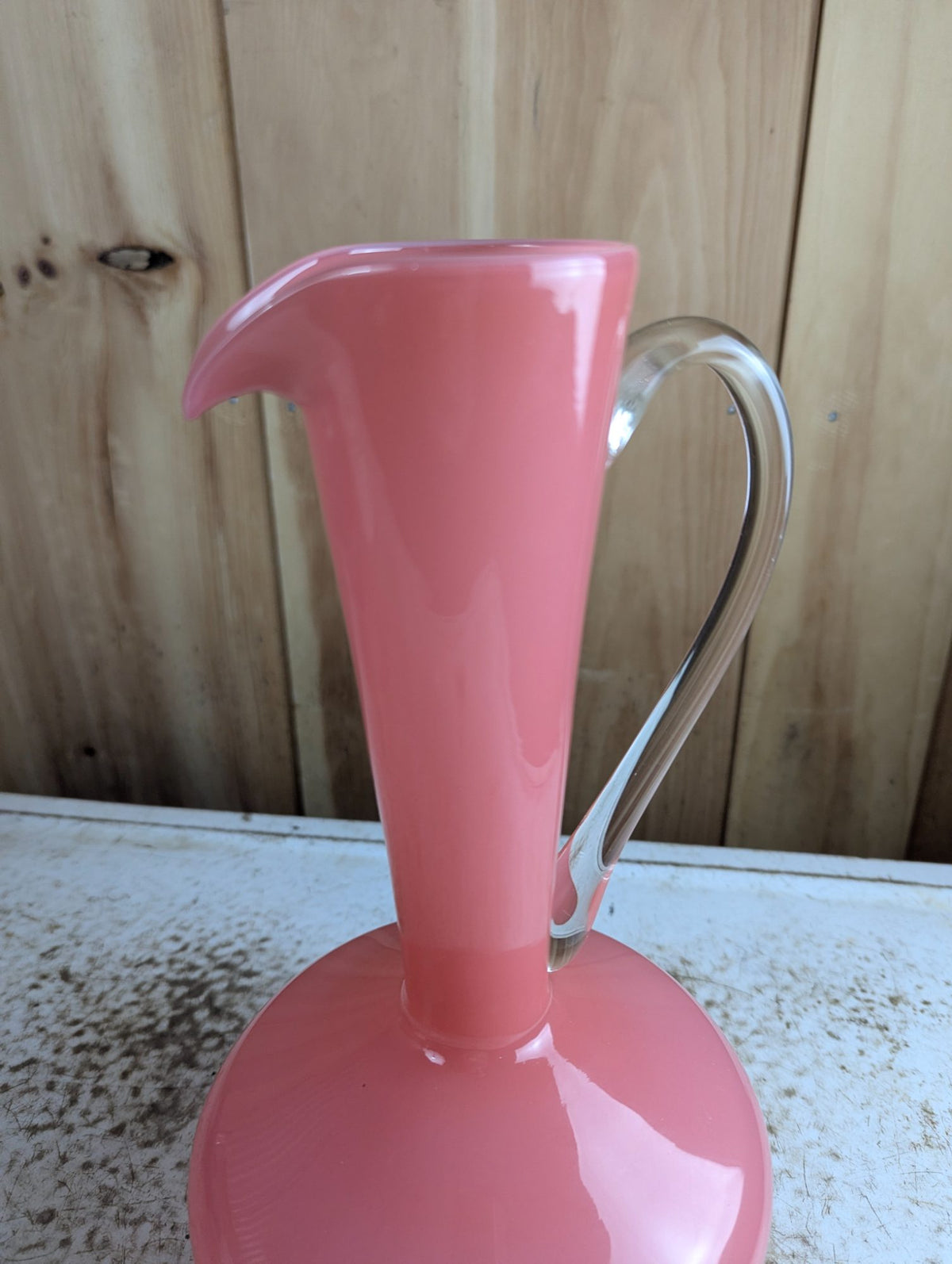Vintage 12.5" Hand-Blown Pink Cased Art Glass Ewer Pitcher Vase