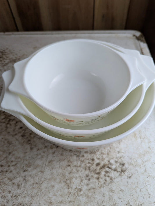 Set of 3 Vintage Pyrex England Emily Spring Garden Milk Glass Casserole Dishes with Lids