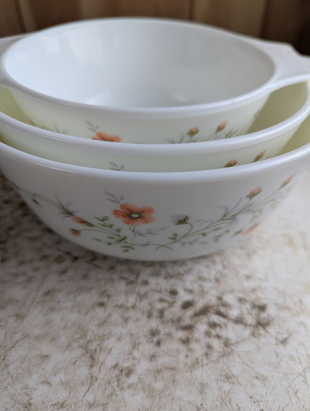 Set of 3 Vintage Pyrex England Emily Spring Garden Milk Glass Casserole Dishes with Lids