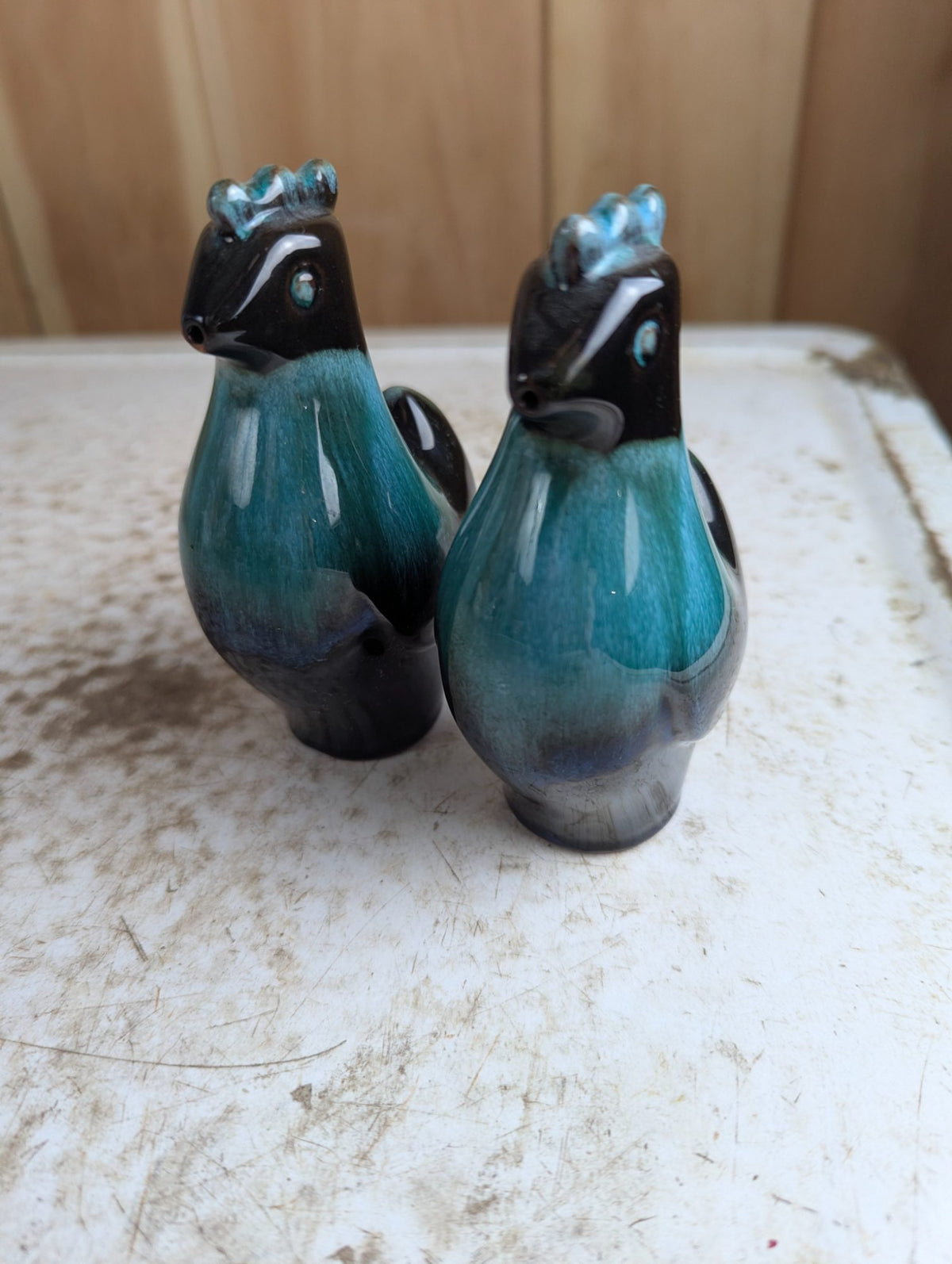 Pair of Blue Mountain Pottery 5" Rooster Shakers - 1 missing plug
