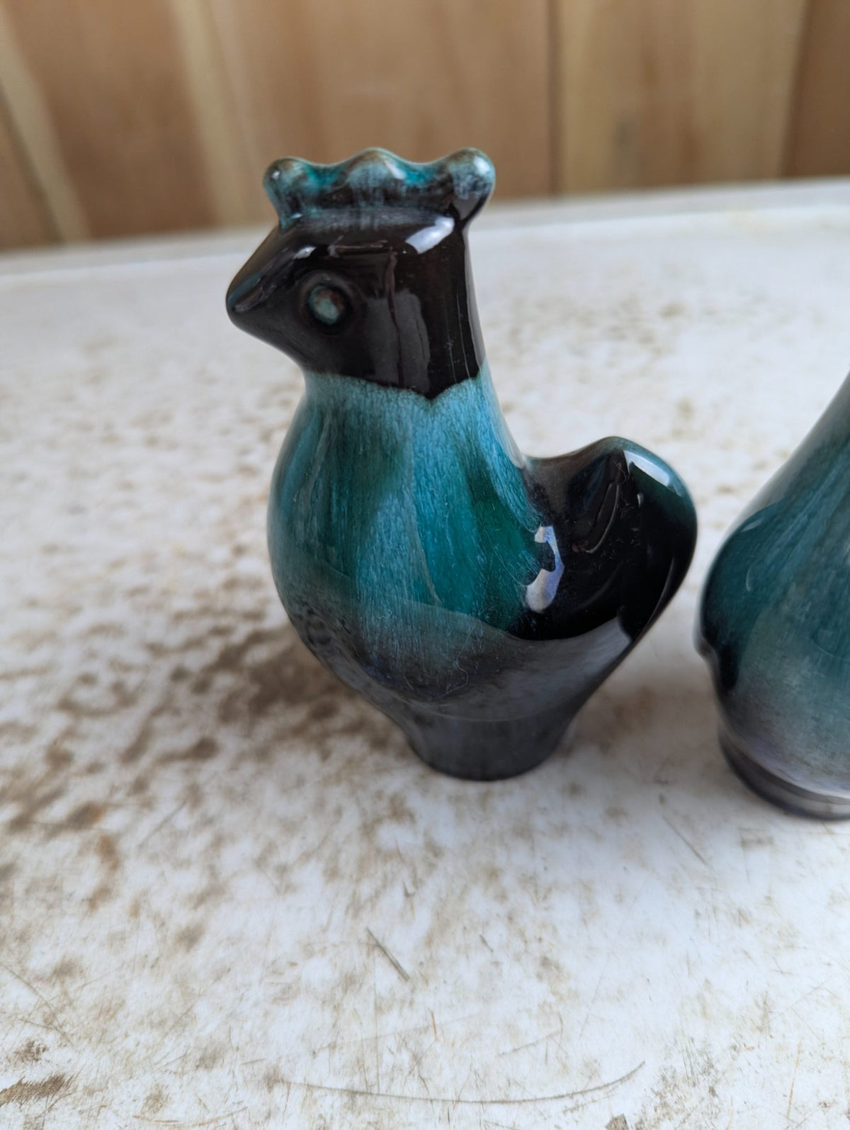 Pair of Blue Mountain Pottery 5" Rooster Shakers - 1 missing plug