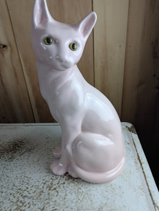 Vintage MCM 16" Tall Pastel Pink Ceramic Cat Figurine with Glass Eyes
