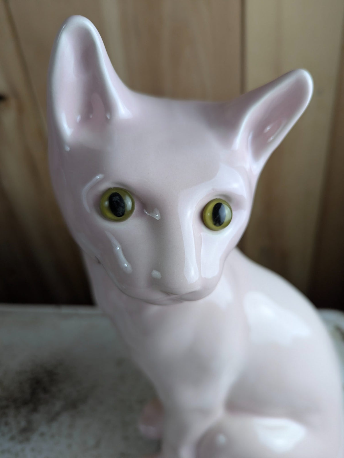 Vintage MCM 16" Tall Pastel Pink Ceramic Cat Figurine with Glass Eyes