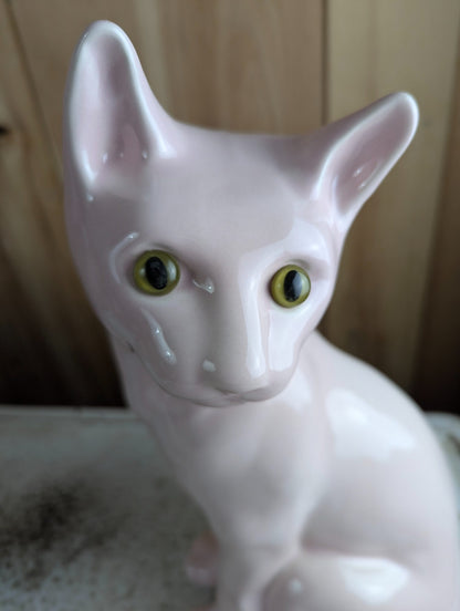 Vintage MCM 16" Tall Pastel Pink Ceramic Cat Figurine with Glass Eyes