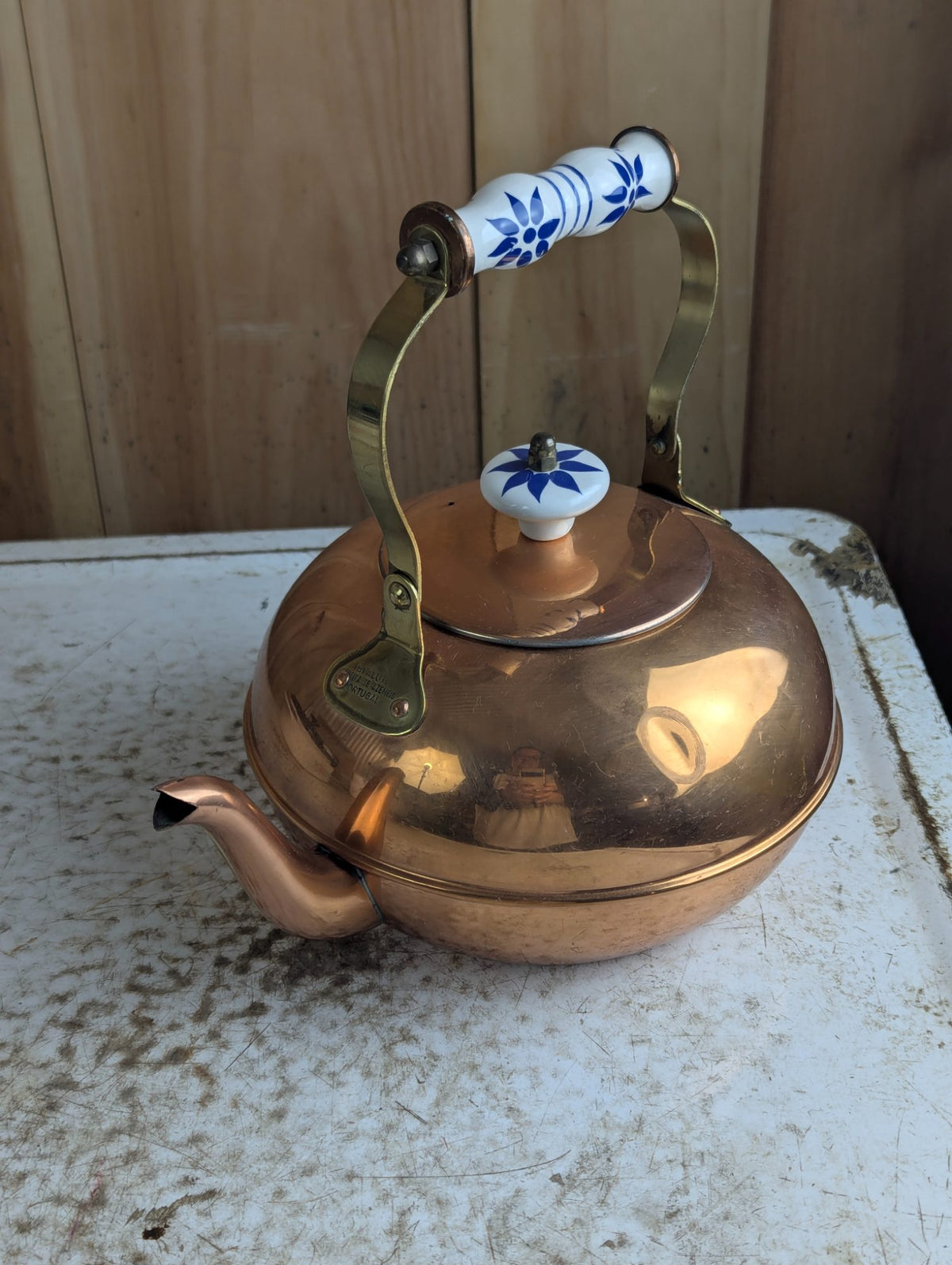 Vintage Portuguese Copper Stovetop Kettle with Ceramic Handle and Knob