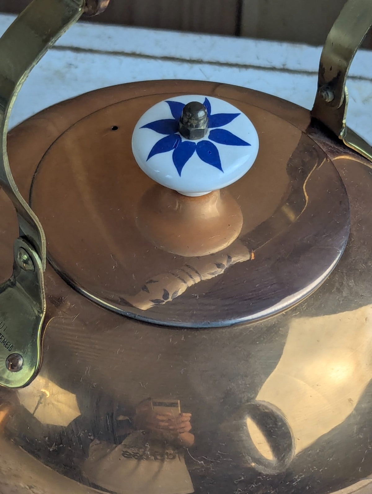 Vintage Portuguese Copper Stovetop Kettle with Ceramic Handle and Knob
