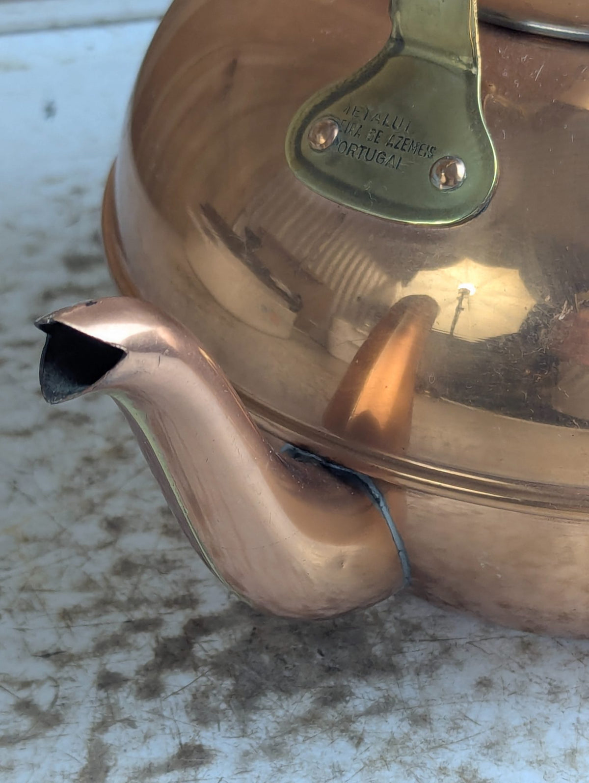 Vintage Portuguese Copper Stovetop Kettle with Ceramic Handle and Knob