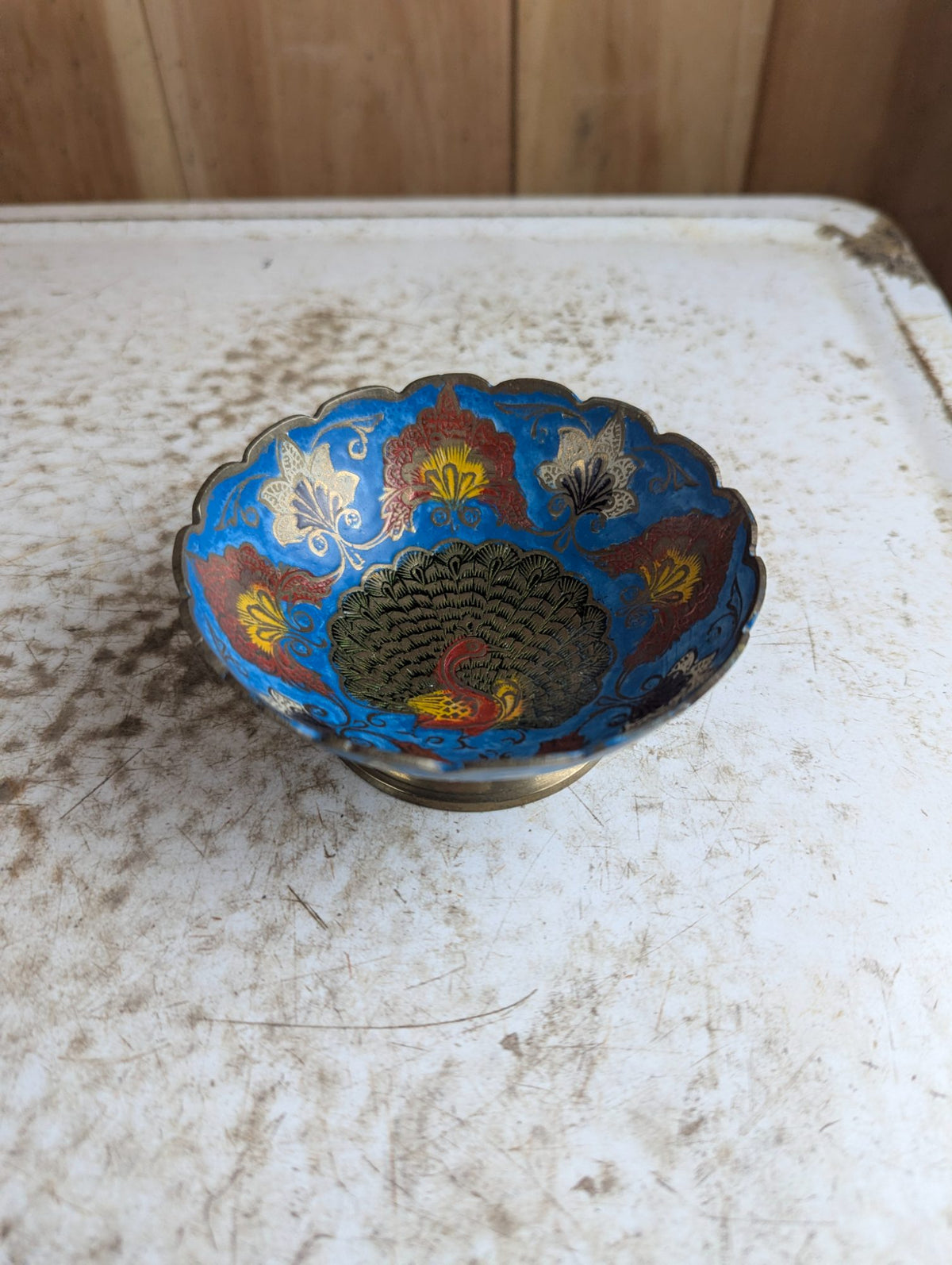 Vintage Hand-Painted Indian 4.5" Scalloped Brass Trinket Bowl