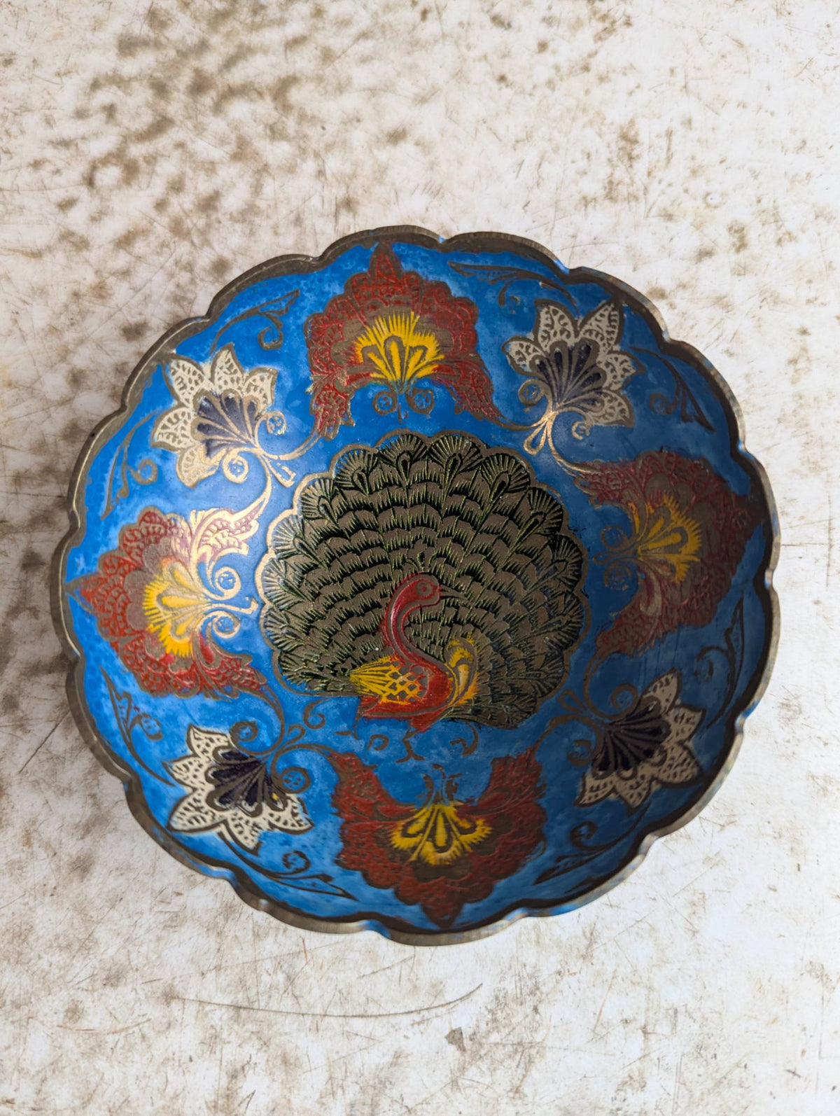 Vintage Hand-Painted Indian 4.5" Scalloped Brass Trinket Bowl