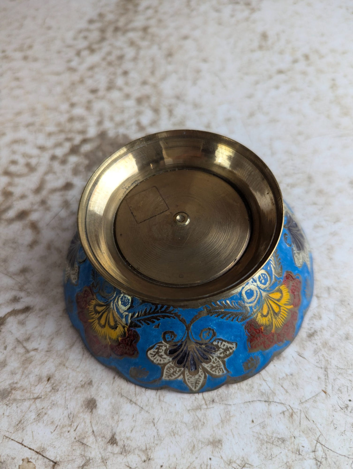 Vintage Hand-Painted Indian 4.5" Scalloped Brass Trinket Bowl