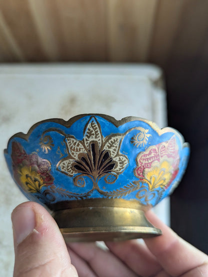 Vintage Hand-Painted Indian 4.5" Scalloped Brass Trinket Bowl