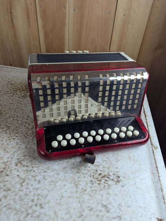 Vintage Red Marbled German C - F Diatonic Button Accordion Squeezebox - Working
