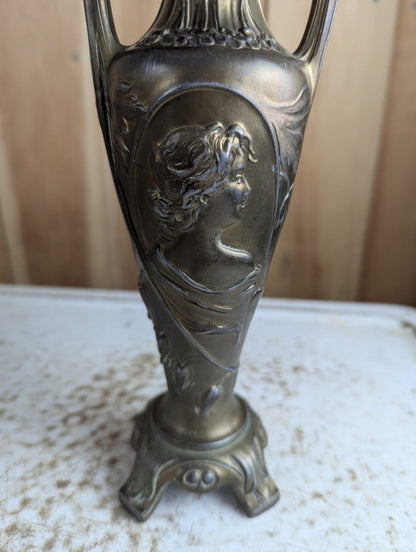 Vintage 9.5" Tall Art Nouveau Style Bronze Spelter Vase