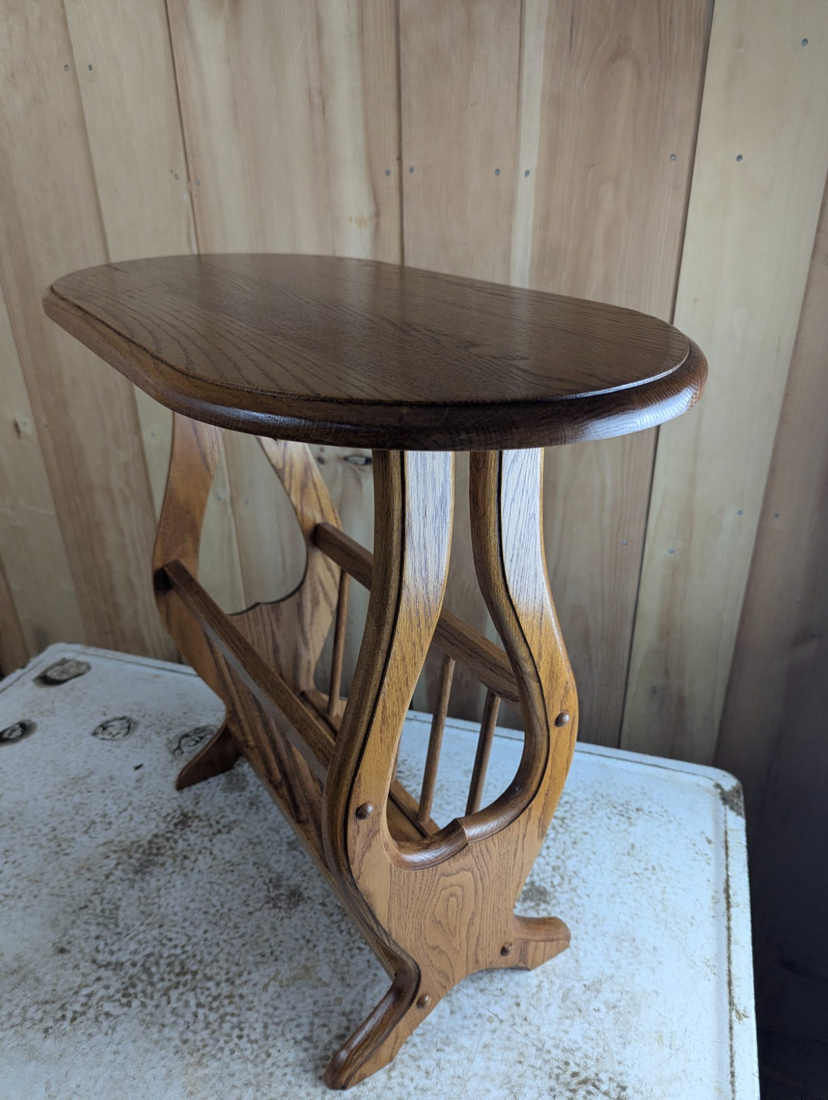 Vintage Solid Oak Oval Side Table with Magazine Rack 27" x 13" x 24"