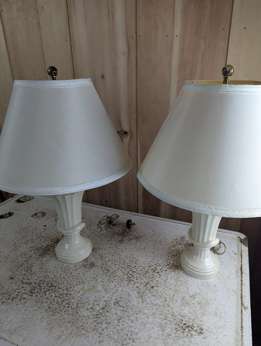 Pair of Vintage 22" Cream Ceramic Fluted Table Lamps with Glass and Brass Finials