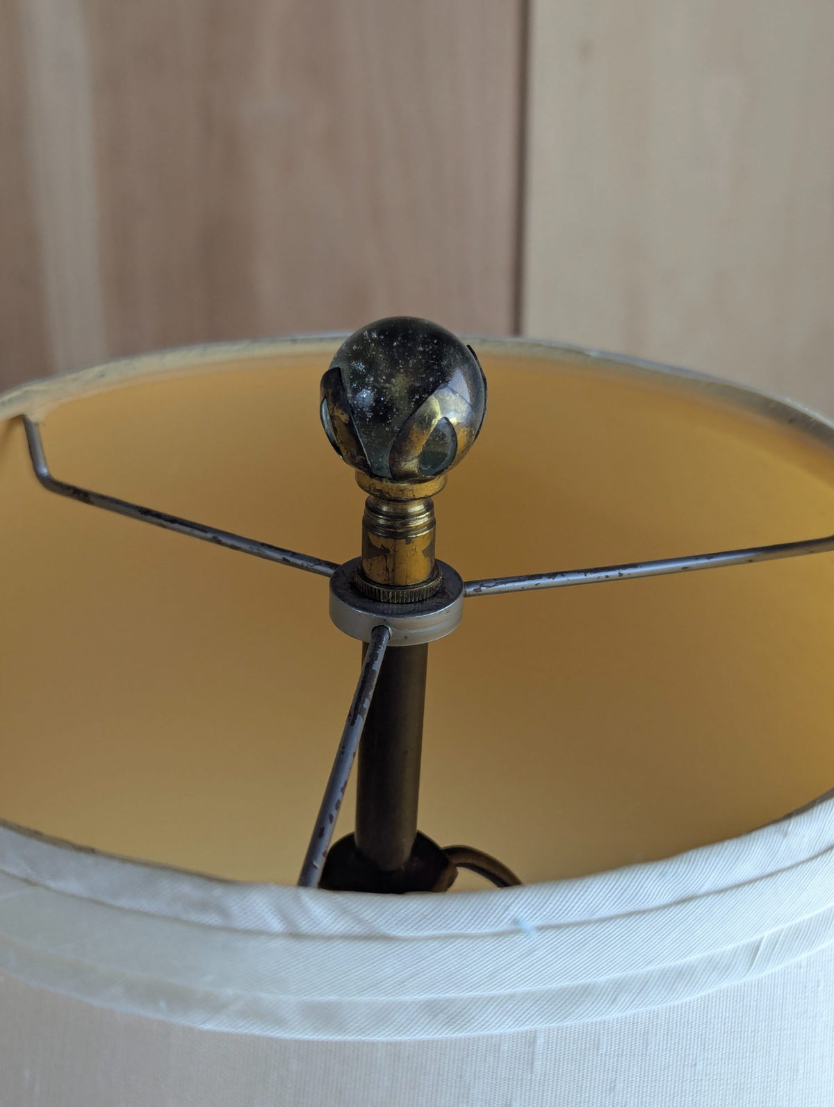 Pair of Vintage 22" Cream Ceramic Fluted Table Lamps with Glass and Brass Finials