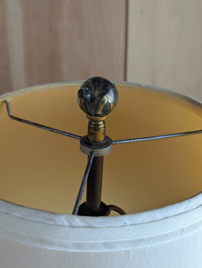 Pair of Vintage 22" Cream Ceramic Fluted Table Lamps with Glass and Brass Finials