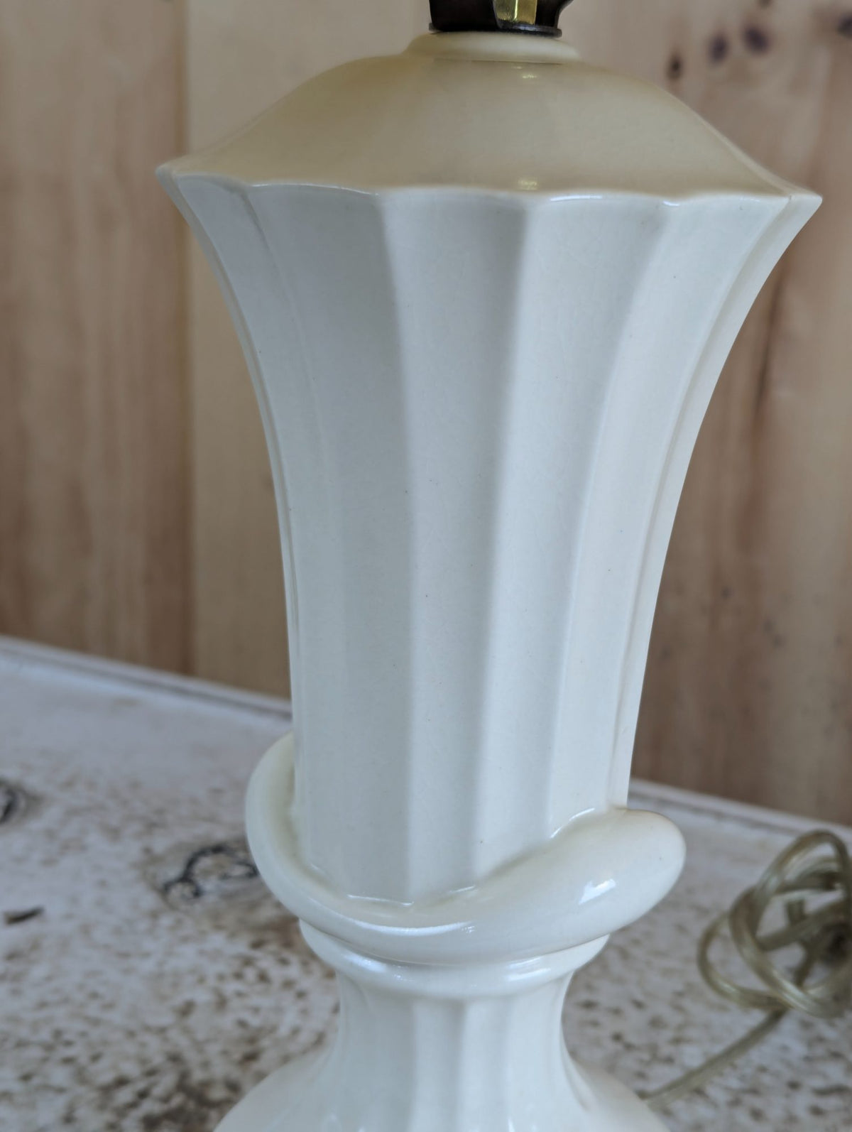 Pair of Vintage 22" Cream Ceramic Fluted Table Lamps with Glass and Brass Finials