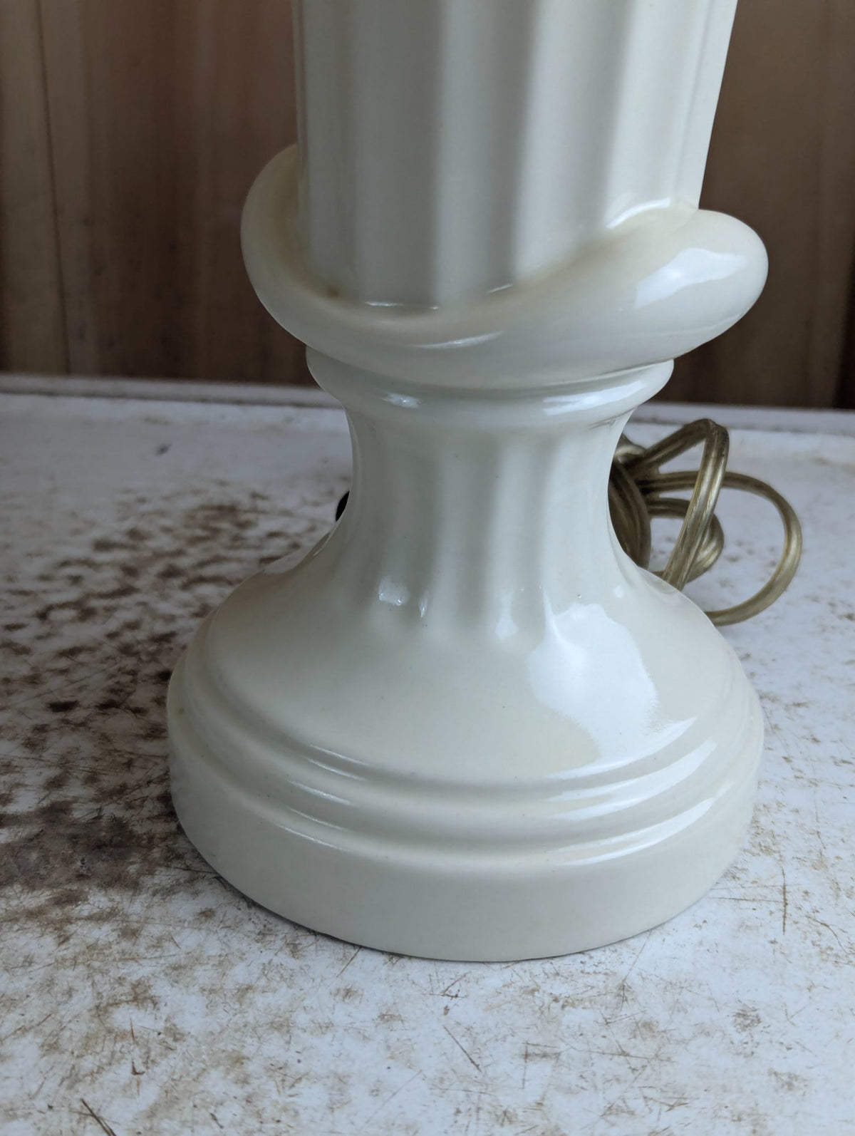 Pair of Vintage 22" Cream Ceramic Fluted Table Lamps with Glass and Brass Finials
