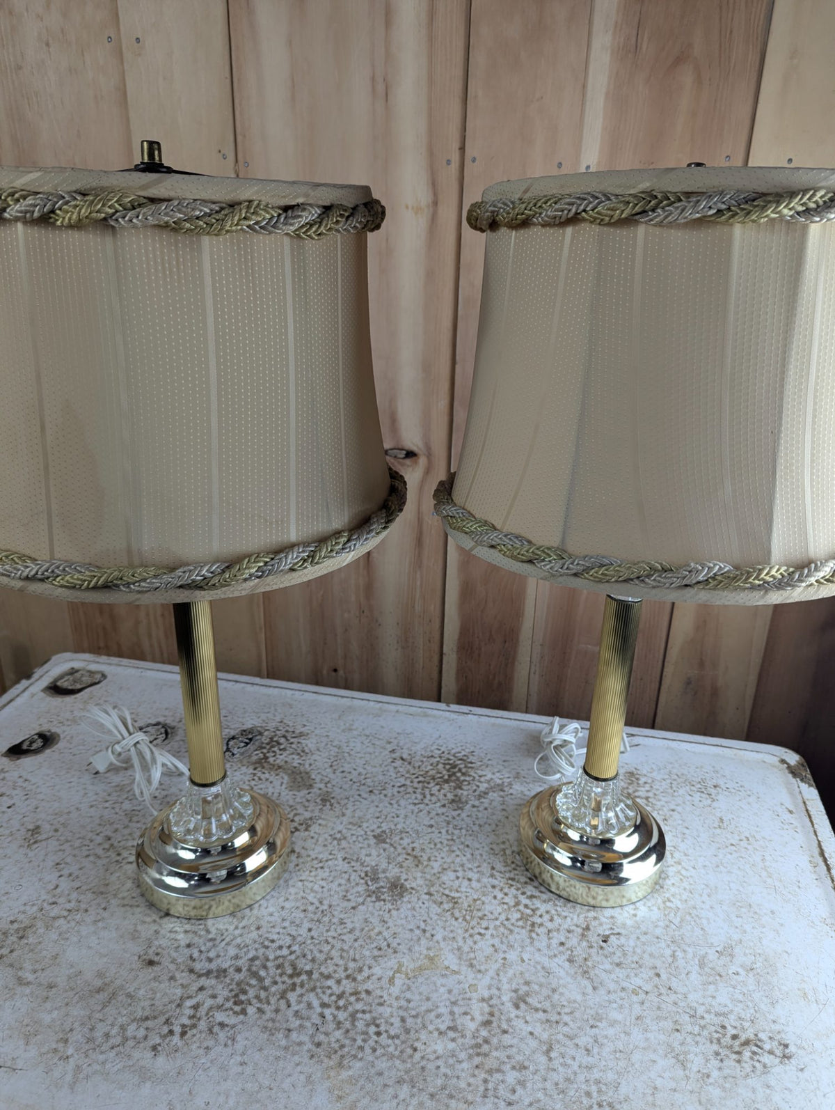 Pair of Vintage 25" Brass and Cut-Crystal Table Lamps with Fabric Shades, Braided Trim