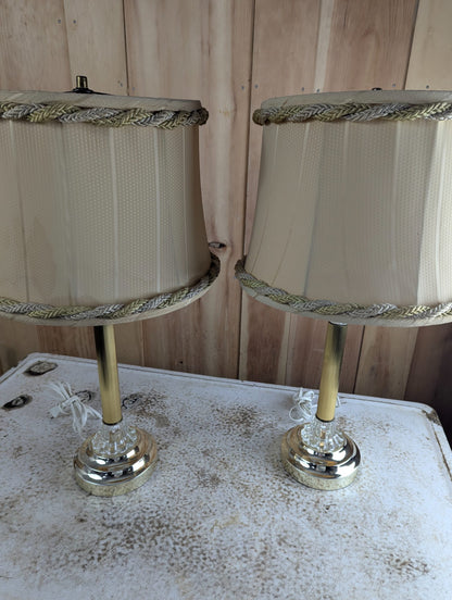 Pair of Vintage 25" Brass and Cut-Crystal Table Lamps with Fabric Shades, Braided Trim