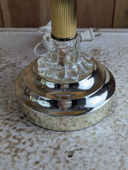 Pair of Vintage 25" Brass and Cut-Crystal Table Lamps with Fabric Shades, Braided Trim