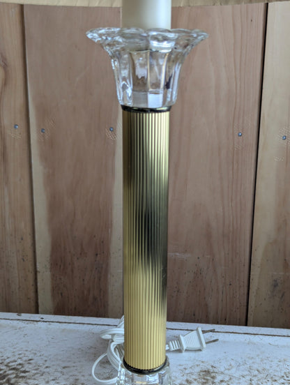 Pair of Vintage 25" Brass and Cut-Crystal Table Lamps with Fabric Shades, Braided Trim