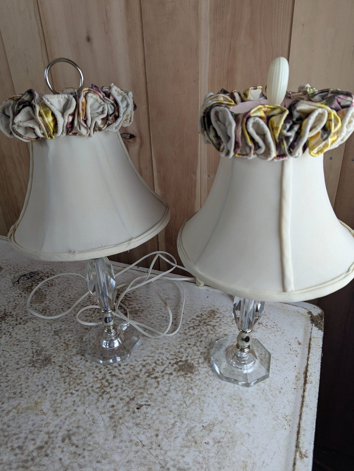 Pair of Vintage 16" Crystal Accent Table Lamps with Fabric Shades - Finials don't match