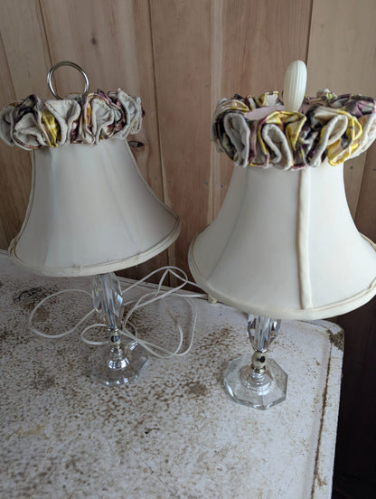 Pair of Vintage 16" Crystal Accent Table Lamps with Fabric Shades - Finials don't match