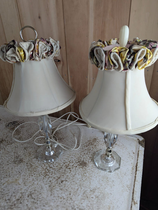 Pair of Vintage 16" Crystal Accent Table Lamps with Fabric Shades - Finials don't match