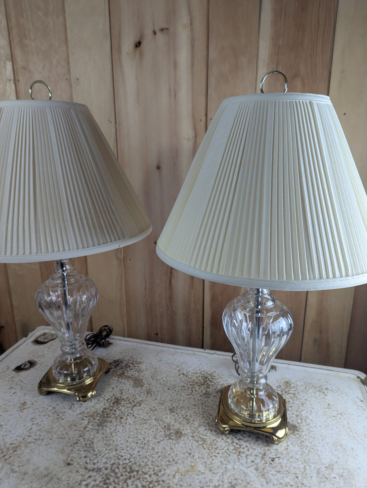 Pair of 28" Hollywood Regency Style Crystal and Brass Table Lamps with Shades